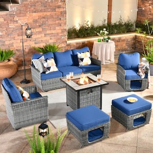Echo Black 6-Piece Wicker Multi-Functional Patio Conversation Sofa Set with a Fire Pit and Navy Blue Cushions