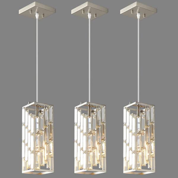 Home Lighting 60W 3-Light Nickel Modern Crystal Pendant Light Adjustable for Kitchen Island, 3Pack