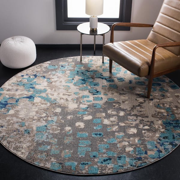 Madison Gray/Blue Doormat 3 ft. x 3 ft. Round Geometric Area Rug