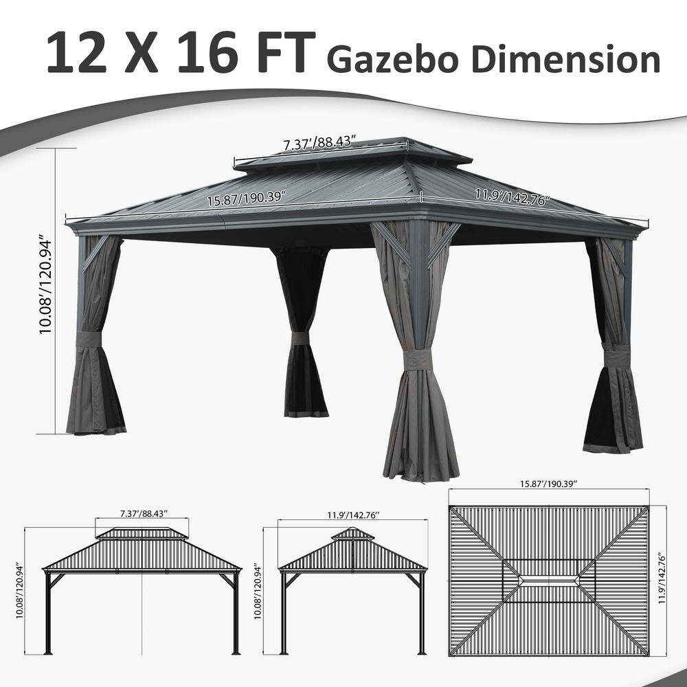 Gray Aluminum Hardtop Gazebo with Curtains and Netting, 12' x 16'