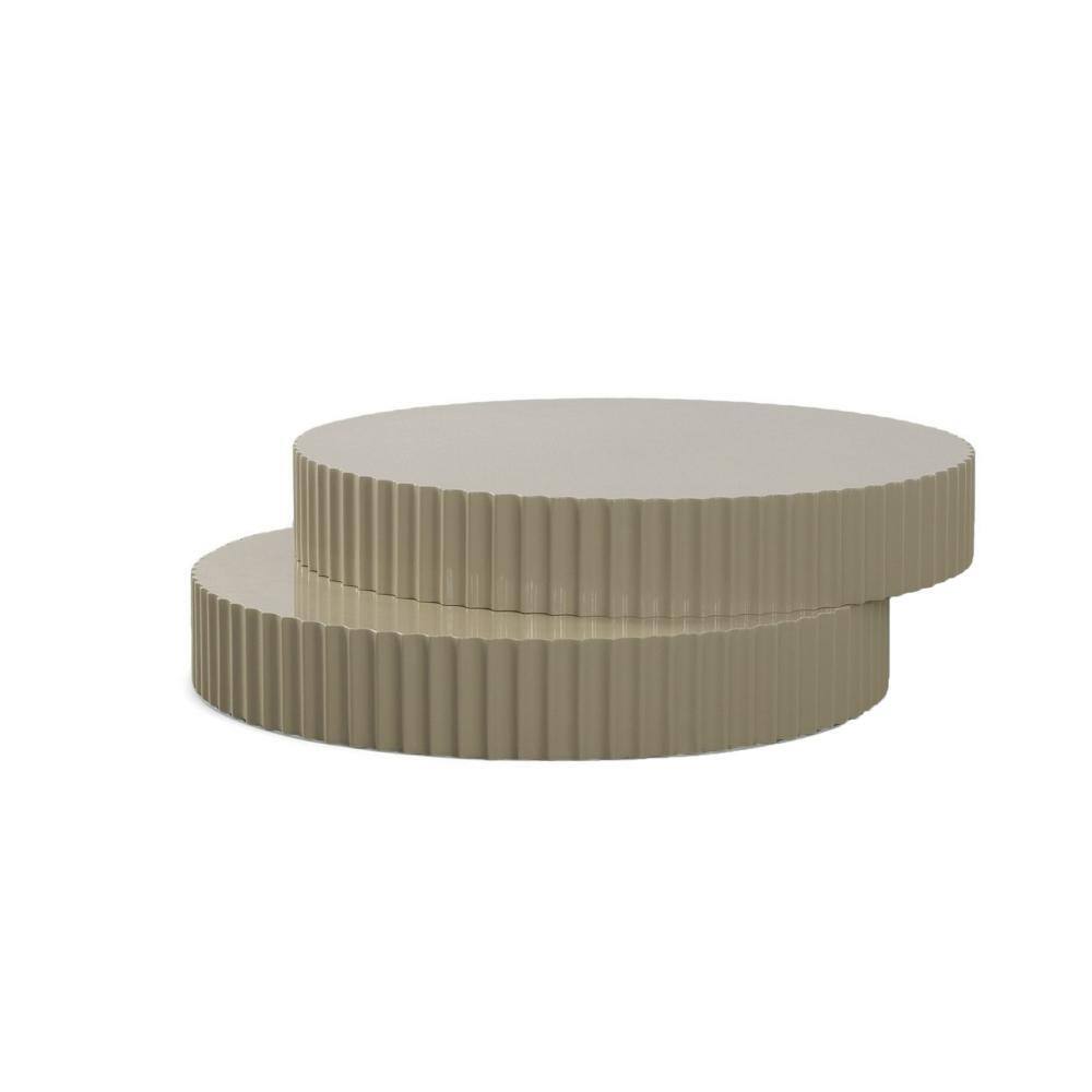 Taupe Gray Round MDF Coffee Table with Fluted Accent