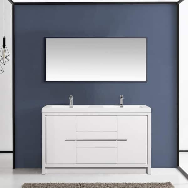 Satico 60 in. W x 20 in. D x 35 in. H Freestanding Bath Vanity in High Glossy White with White Glossy Resin Top