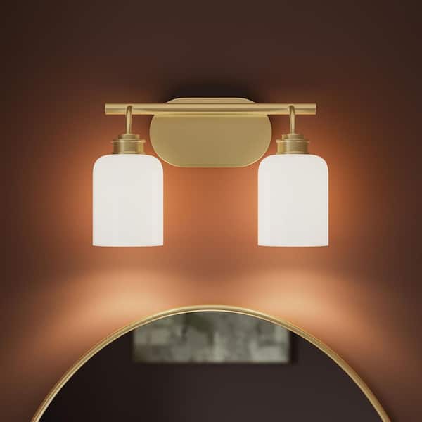 Reines 14.5 In. 2-Light Brushed Gold New Traditional Bath Vanity Light with Opal Glass Shades