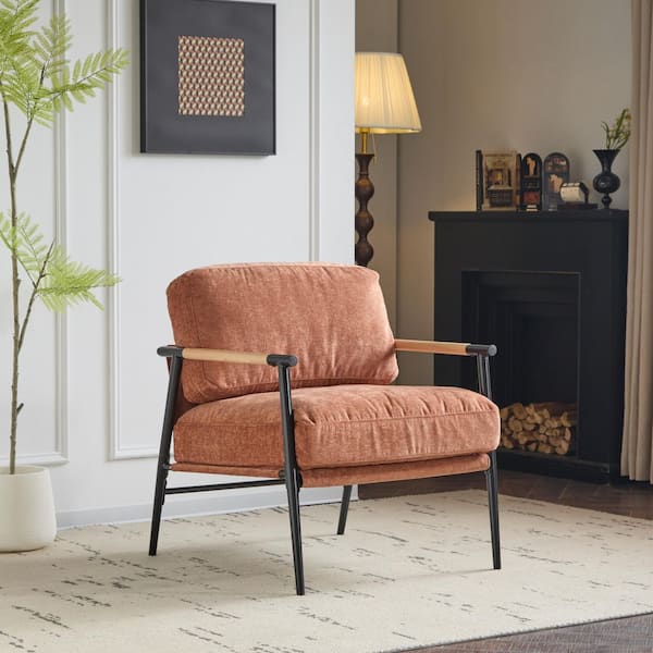 Harper & Bright Designs Minimalist Metal Frame Orange Polyester Arm Chair, Accent Chair with Plush Cushions, Wooden Armrests