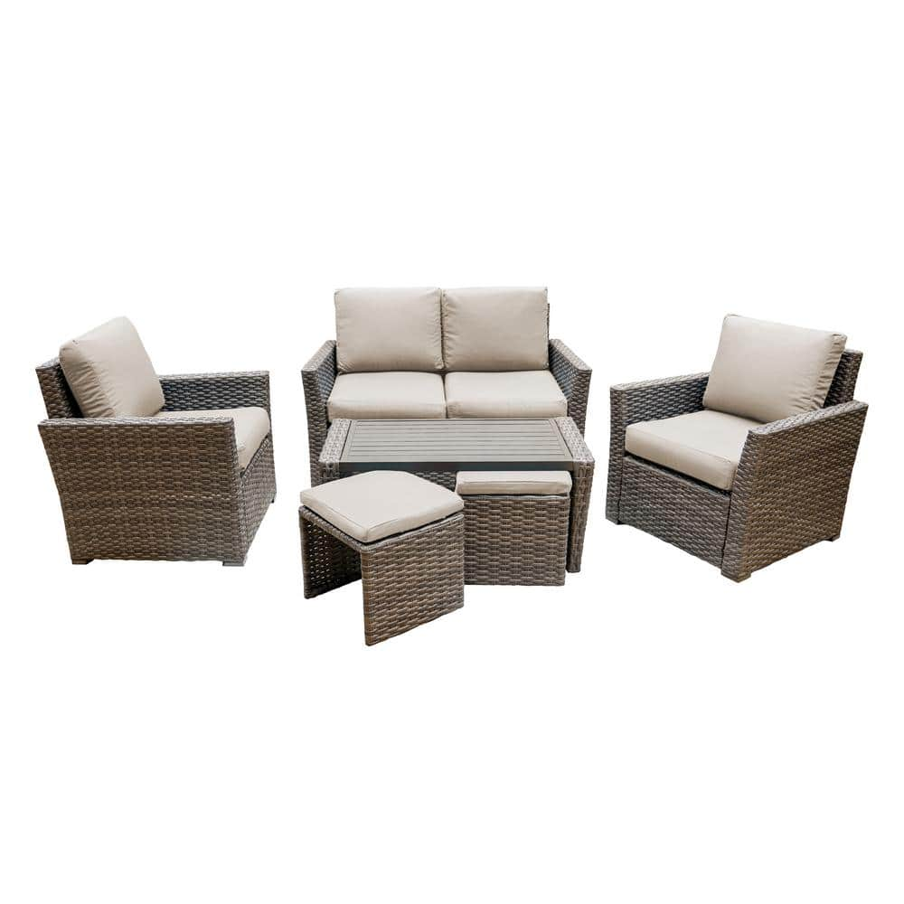 Leisure Made Newton 6-Piece Wicker Patio Conversation Set with Tan ...