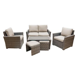 Newton 6-Piece Wicker Patio Conversation Set with Tan Polyester Cushions