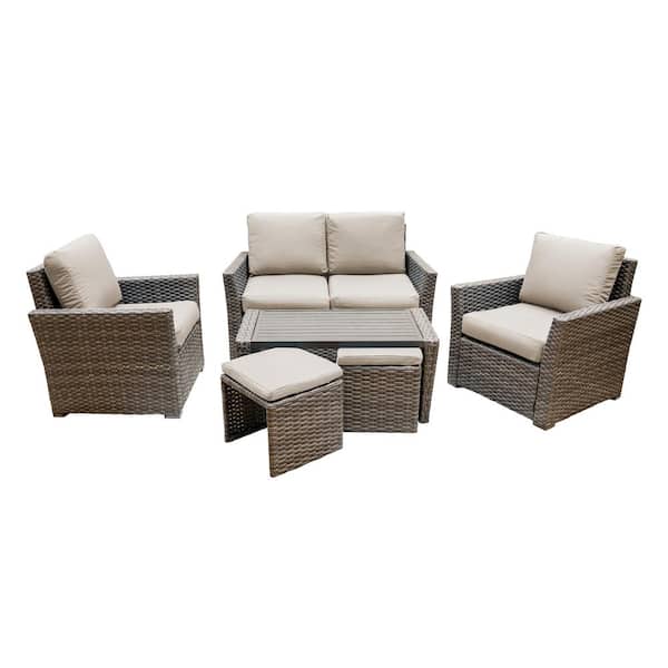 Leisure Made Newton 6-Piece Wicker Patio Conversation Set with Tan Polyester Cushions