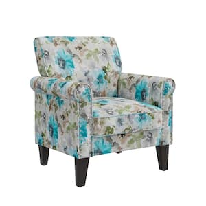 Jean Pastel Blue and Gray Floral Fabric Traditional Rolled Arm Accent Chair with Nailheads