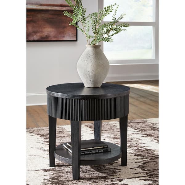 Marstream 24 in. Black Round Wood End Table with Storage and Drawers and Shelves