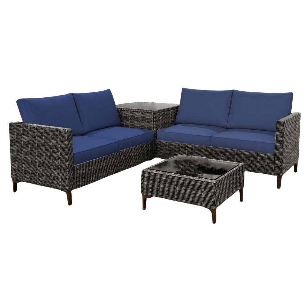 Patio Sectional Grey Wicker 4-Piece, Outdoor Sectional Set, with Cushion in Blue, Coffee Table, Storage price history on PriceWatchPro