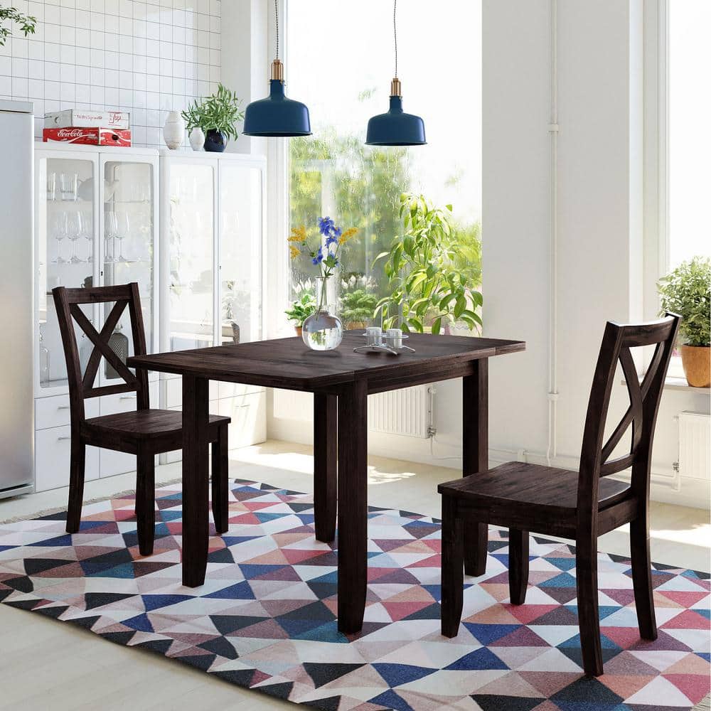 Espresso Solid Wood Drop Leaf Dining Table Set with X-Back Chairs