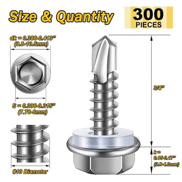 #10 x 3/4 in. Stainless Steel Hex Washer Head Self Drilling Sheet Metal Screws (300-Pack)