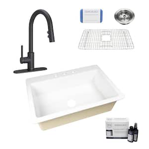 Jackson 33 in. 3-Hole Drop-in Single Bowl Crisp White Fireclay Kitchen Sink with Stellen Faucet (Matte Black) Kit