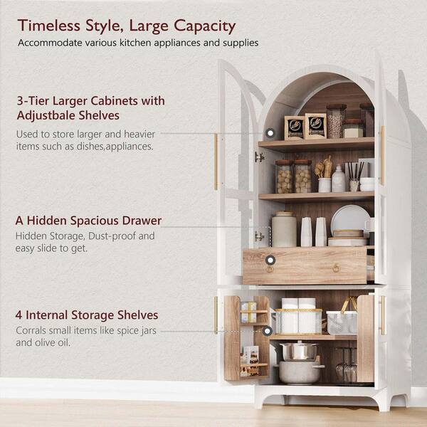 71" Tall Arched Pantry Cabinet With Fluted Doors – White Storage Cupboard, 2 Drawers & Adjustable Shelves