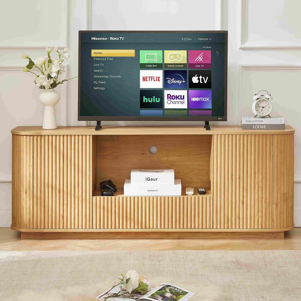 Natural TV Stand Fits TV's Up to 65 in. with Rounded Sideboard, Storage Cabinet