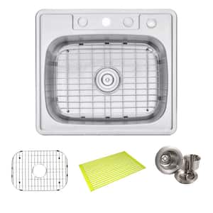 Topmount Drop In Stainless Steel 25 in. x 22 in. x 9 in. Deep 4 Faucet Holes Single Bowl Kitchen Sink with Accessories