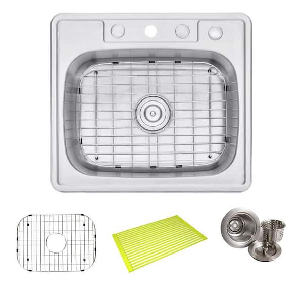 Topmount Drop In Stainless Steel 25 in. x 22 in. x 9 in. Deep 4 Faucet Holes Single Bowl Kitchen Sink with Accessories