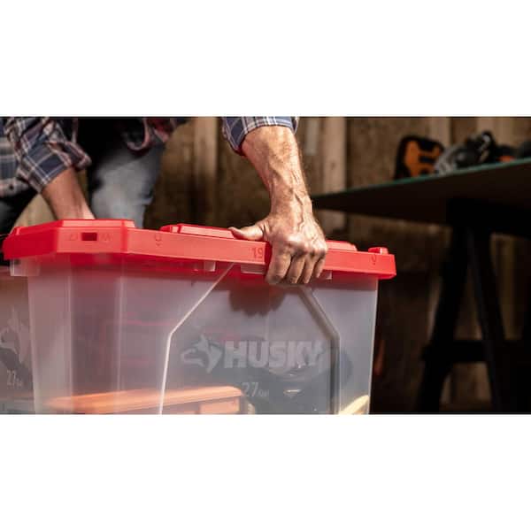Husky - 27 Gal. Pro Grip Storage Tote in Clear with Red Lid