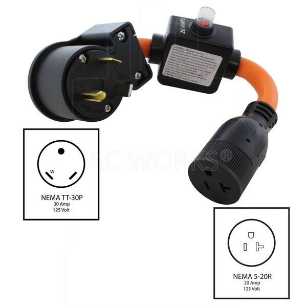 コバタツeFUEL 30A & HI-TECx1 PRO 充電器 AC WORKS 30A RV TT-30P Plug to 15/20A T-Blade Home Outlet with 20A