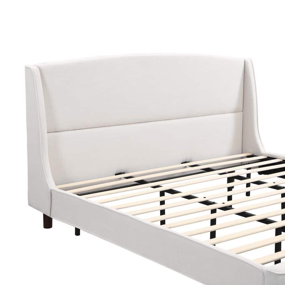 Beige Wood Frame King Size Upholstered Platform Bed with Wingback Headboard - thumbnail 8