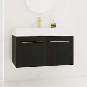 36 in. W x 18.1 in. D x 22.4 in. H Single Sink Floating Bath Vanity in Black with White Thick Edged Resin Top and Basin