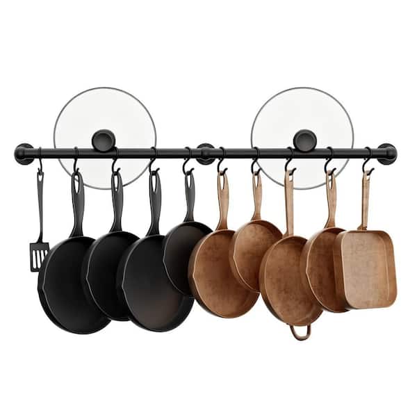 32 in. Black Wall-Mounted Hanging Pot Rack with 10 Hooks, 130 lb Capacity, 16 in. Stud Mount, Includes Drilling Template