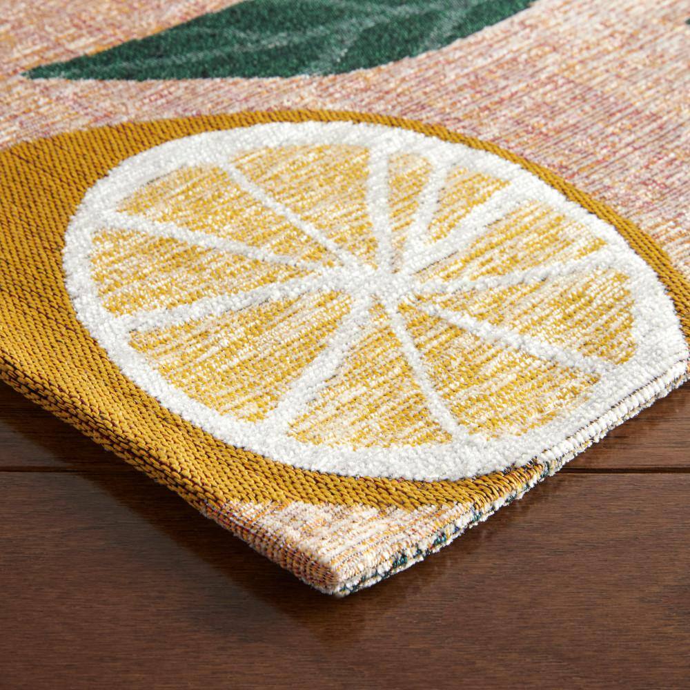 Peach Pink Lemon Print Polyester Rectangular Kitchen Mat