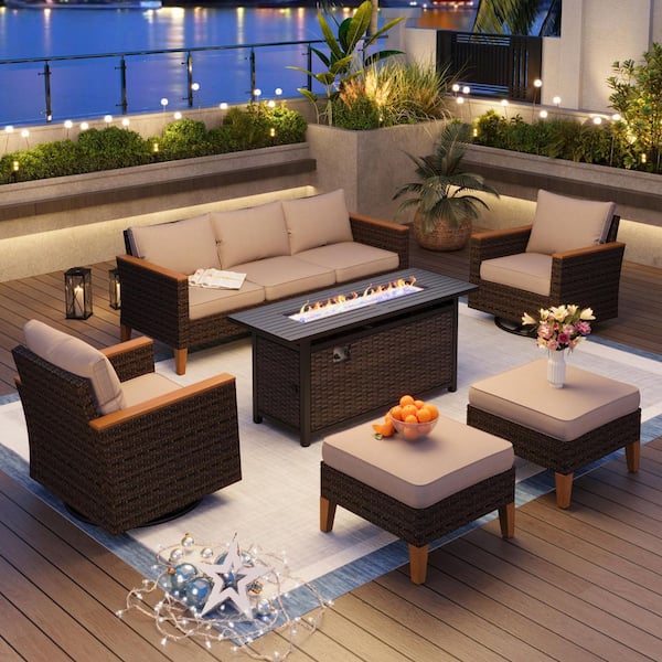 PHI VILLA Brown Rattan Wicker 7-Seat 8-Piece Steel Outdoor Fire Pit Patio Set with Beige Cushions, 2 Swivel Sofas and 2 Ottomans
