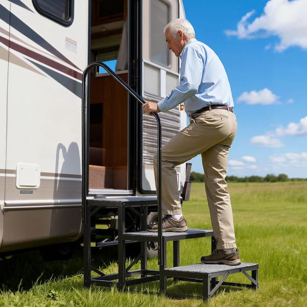 3-Step RV Stairs with Handrail, Durable Outdoor Steps with Anti-Slip Mat for Seniors and Pets, 660 lbs. Capacity