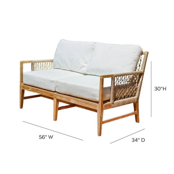 POSH POLLEN Nizuc Teak Outdoor Loveseat Sofa with White Cushions