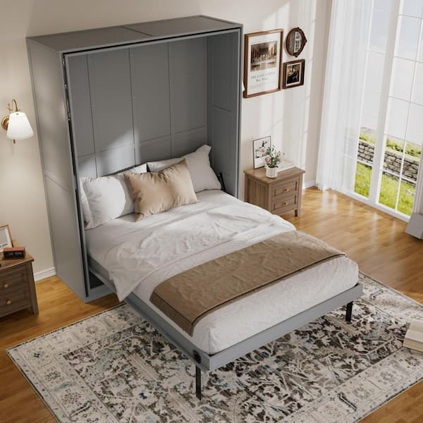 Gray Wood Frame Queen Size Murphy Bed with Hidden Storage Racks, Space-Saving Multifunctional Wall Bed