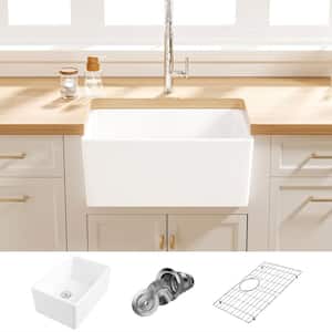 Denbigh Crisp White Ceramic 24 in. Single Bowl Farmhouse Apron Kitchen Sink with Bottom Grid and Basket Strainer