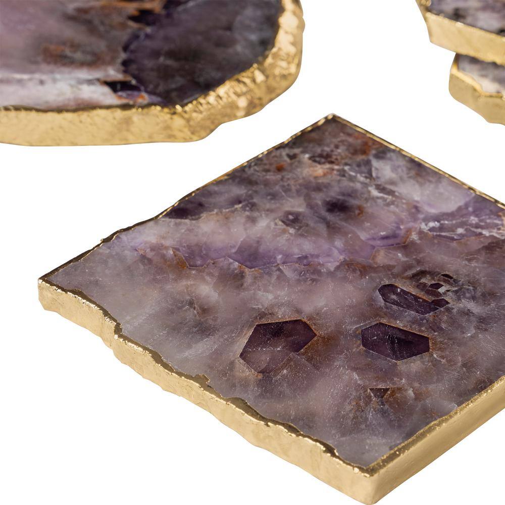 Dazzle Amethyst Stone Coasters with Gold Edges, Set of 4