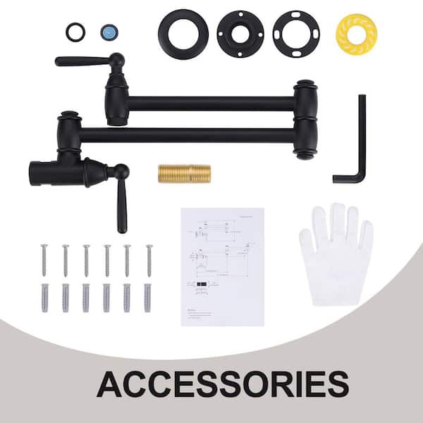 Retro Wall Mounted Brass Pot Filler Stretchable Kitchen Faucet with Double Joint Swing Arm in Matte Black