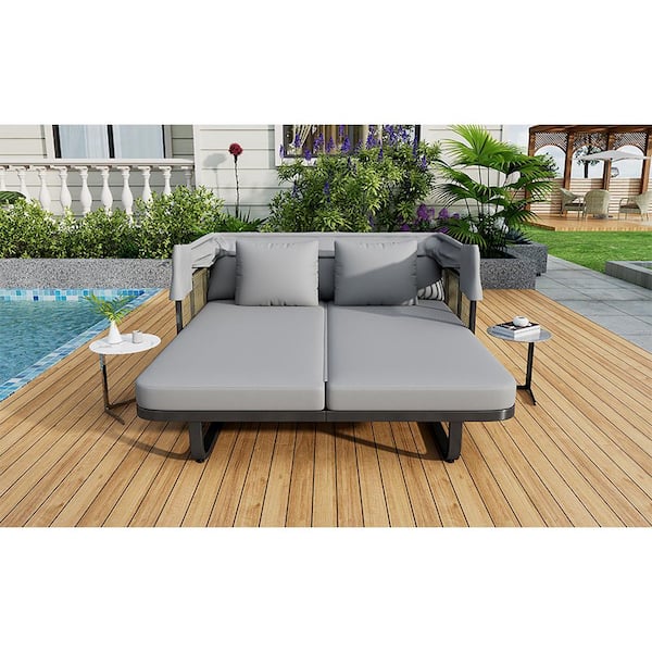 Grey Wicker Outdoor Patio Daybed Loveseat with Grey Cushions Detachable Pillows for Patio, Backyard, Pool
