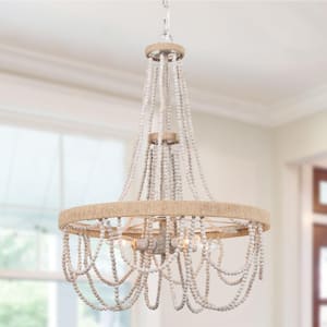 Rustic Boho 4-Light White/Gray Farmhouse Empire Chandelier Coastal Pendant Light with Wood Beaded and Rope Accents