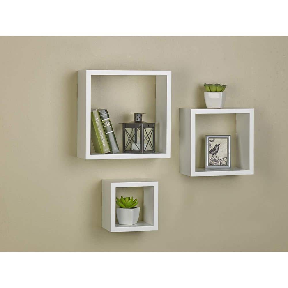 White MDF Floating Cube Wall Shelves, Set of 3