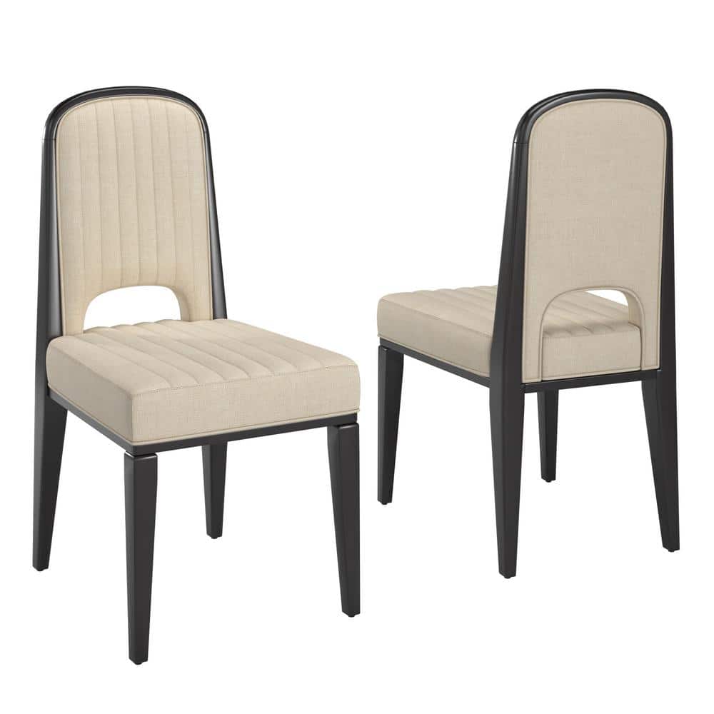 Black Wood Finish Cream Fabric Channel Stitching Dining Chair (Set of 2)