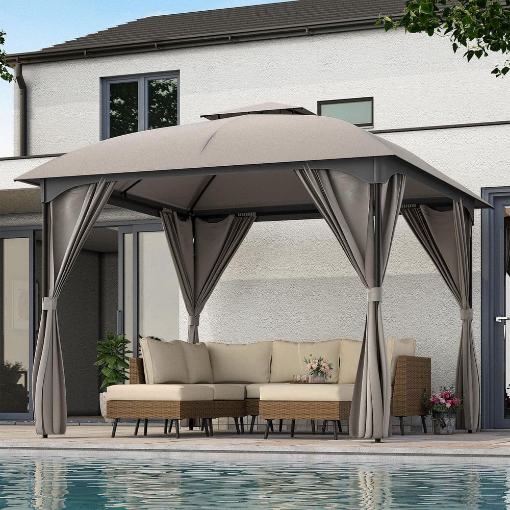 10x10 Gray Steel Patio Gazebo with Privacy Curtains