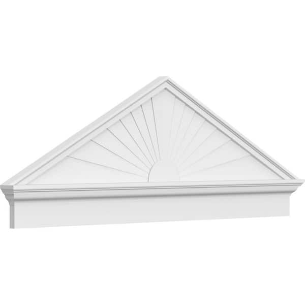 Ekena Millwork 60 in. W x 21-7/8 in. H x 2-3/4 in. P Pitch 6/12 Peaked Cap Sunburst Signature Urethane Combination Pediment, Primed Tan