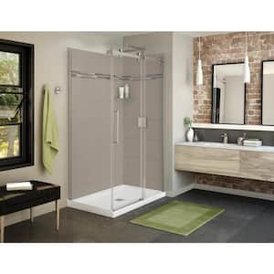 Utile Origin 32 in. x 48 in. x 83.5 in. Center Drain Corner Shower Kit in Greige with Brushed Nickel Shower Door
