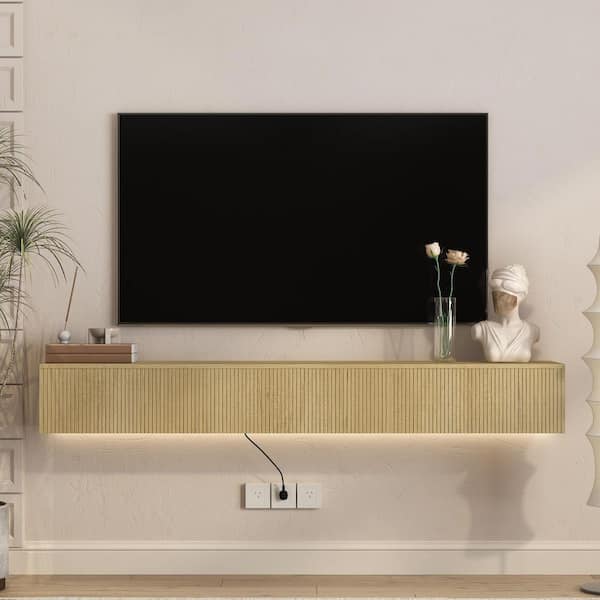 GOGEXX 69 in. W Natural Floating TV Stand for 65 in. TVs Wall