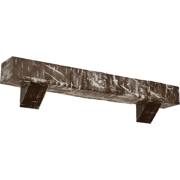 Ekena Millwork 4 in. x 8 in. x 7 ft. Hand Hewn Faux Wood Fireplace Mantel Kit with Breckinridge Corbels, Vintage Mahogany