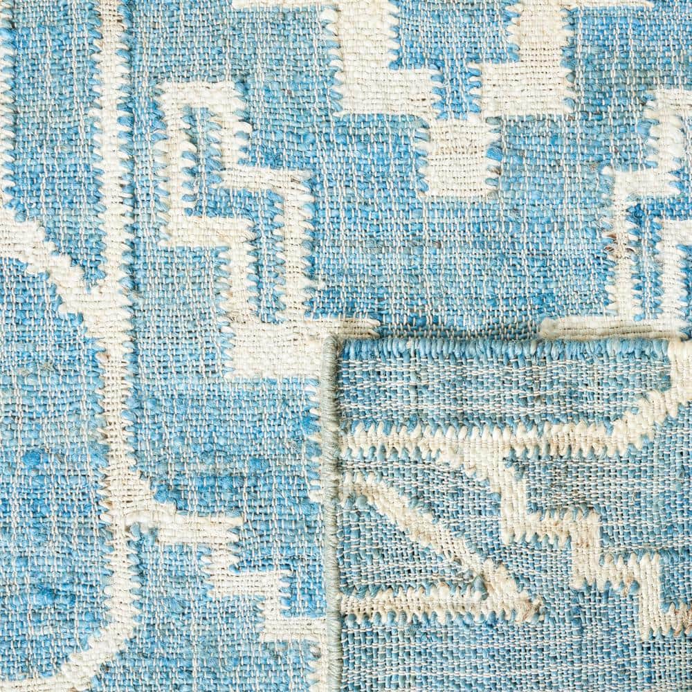 Blue and Ivory Geometric Hand-Woven Natural Fiber Runner Rug