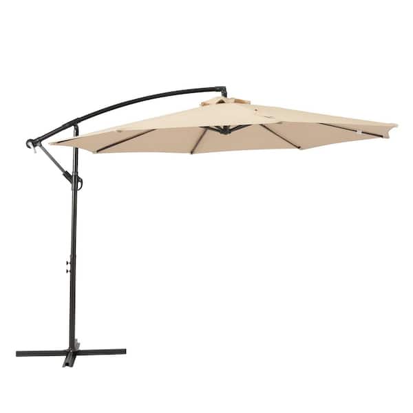 Bayshore Outdoor 10 ft. Hanging Offset Cantilever Patio Umbrella with Easy Crank Lift and Cross Base in Beige
