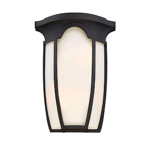 Tudor Row 9.25 in. 2-Light Black Transitional Mediterranean Wall Sconce with Opal Glass Shade