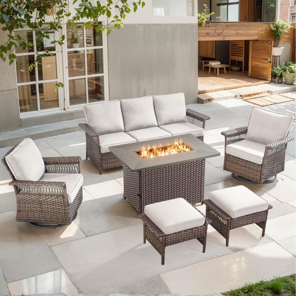 Brown 6-Piece Wicker Outdoor Patio Rectangular Fire Pit Conversation Set with Beige Cushions and Swivel Rockers price history on PriceWatchPro