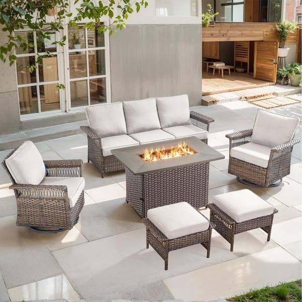 Brown 6-Piece Wicker Outdoor Patio Rectangular Fire Pit Conversation Set with Beige Cushions and Swivel Rockers