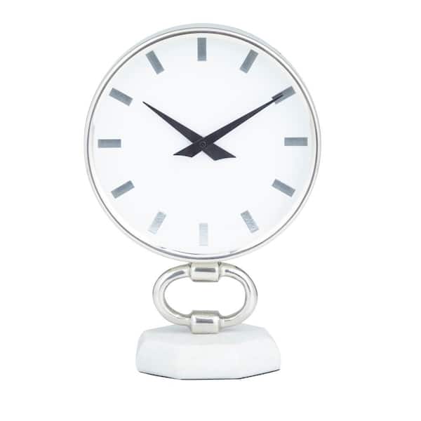 Litton Lane 8 in. x 12 in. Silver Stainless Steel Analog Clock with Marble Base