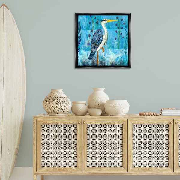 Standing Crane with Blue Tones by Kay Widdowson Black Floater Frame Animal Graphic Art Print 25 in. x 25 in.